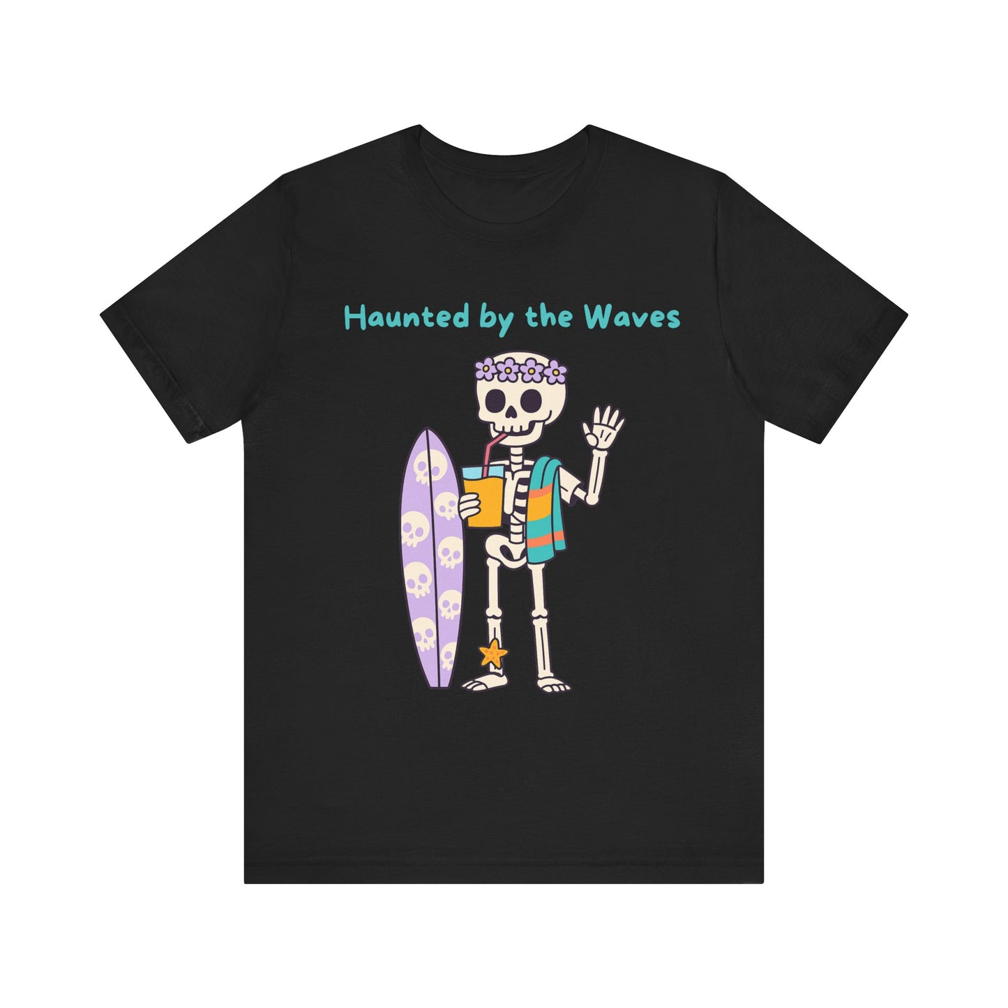 Haunted by the Waves Skeleton Tee, Beach Shirt, Surfing Top, Halloween Apparel, Unisex T-Shirt, Fun Summer Fashion