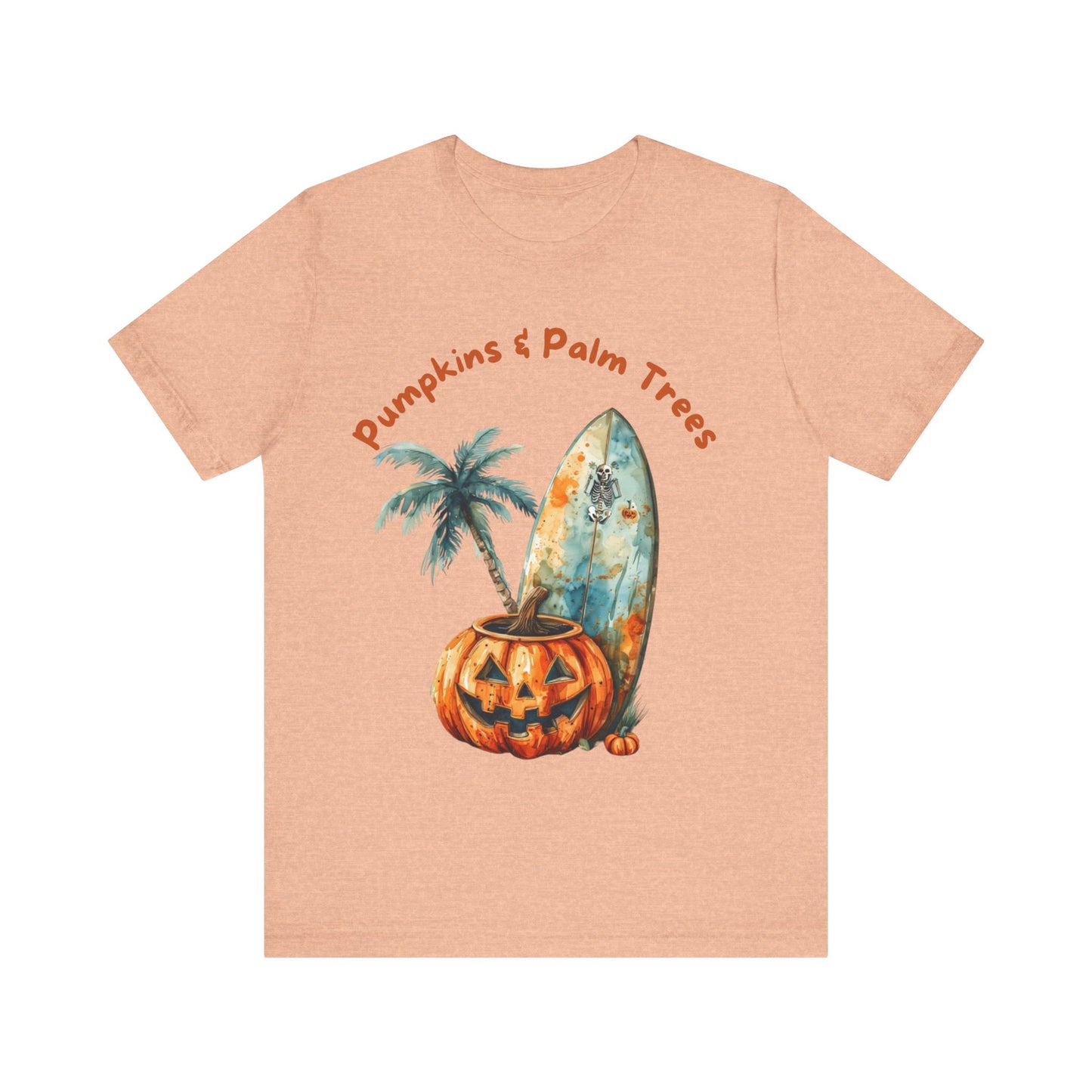 Pumpkins & Palm Trees Tee - Fun Fall Beach Vibes, Unisex Short Sleeve T-Shirt for Halloween, Summer Celebrations, Beach Life