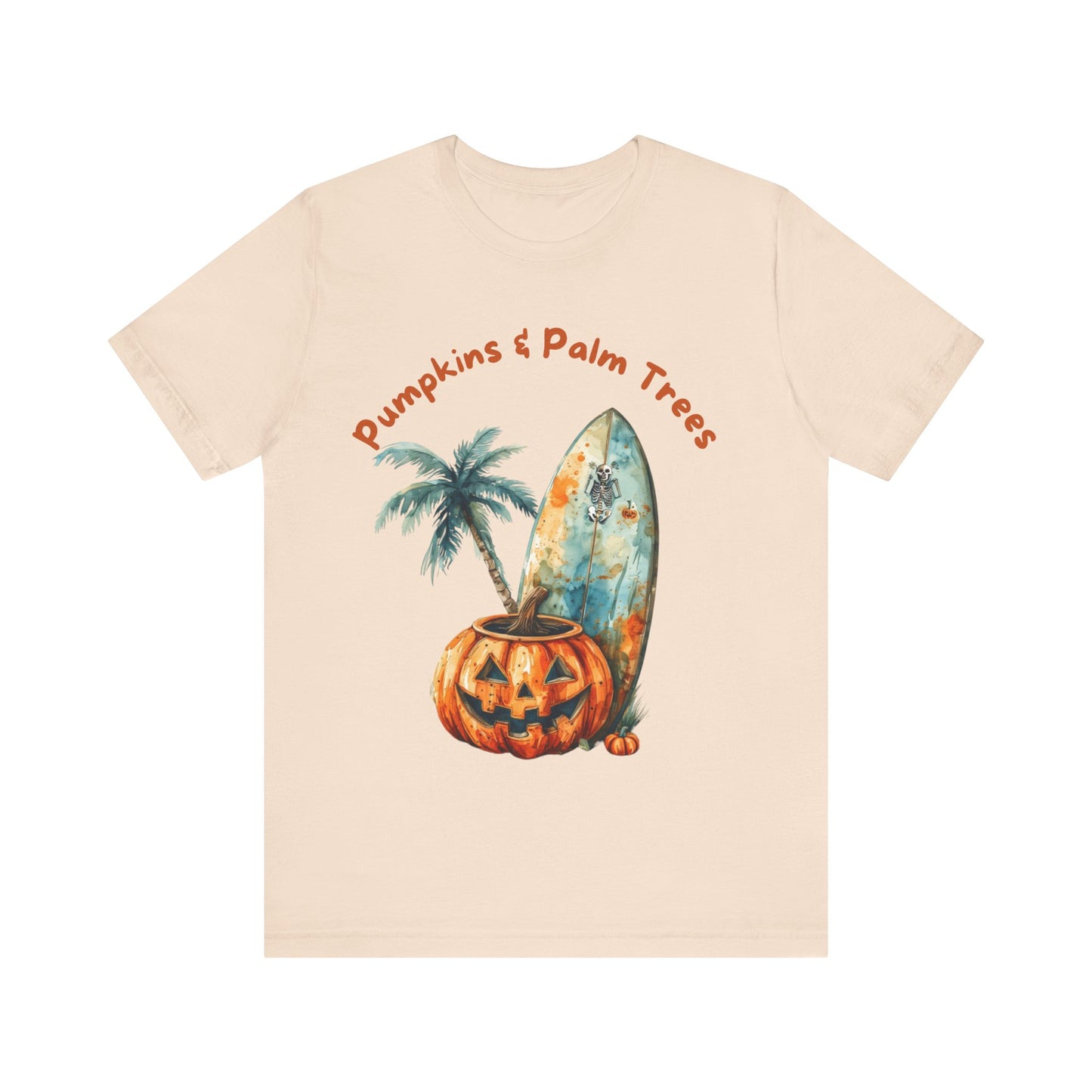 Pumpkins & Palm Trees Tee - Fun Fall Beach Vibes, Unisex Short Sleeve T-Shirt for Halloween, Summer Celebrations, Beach Life