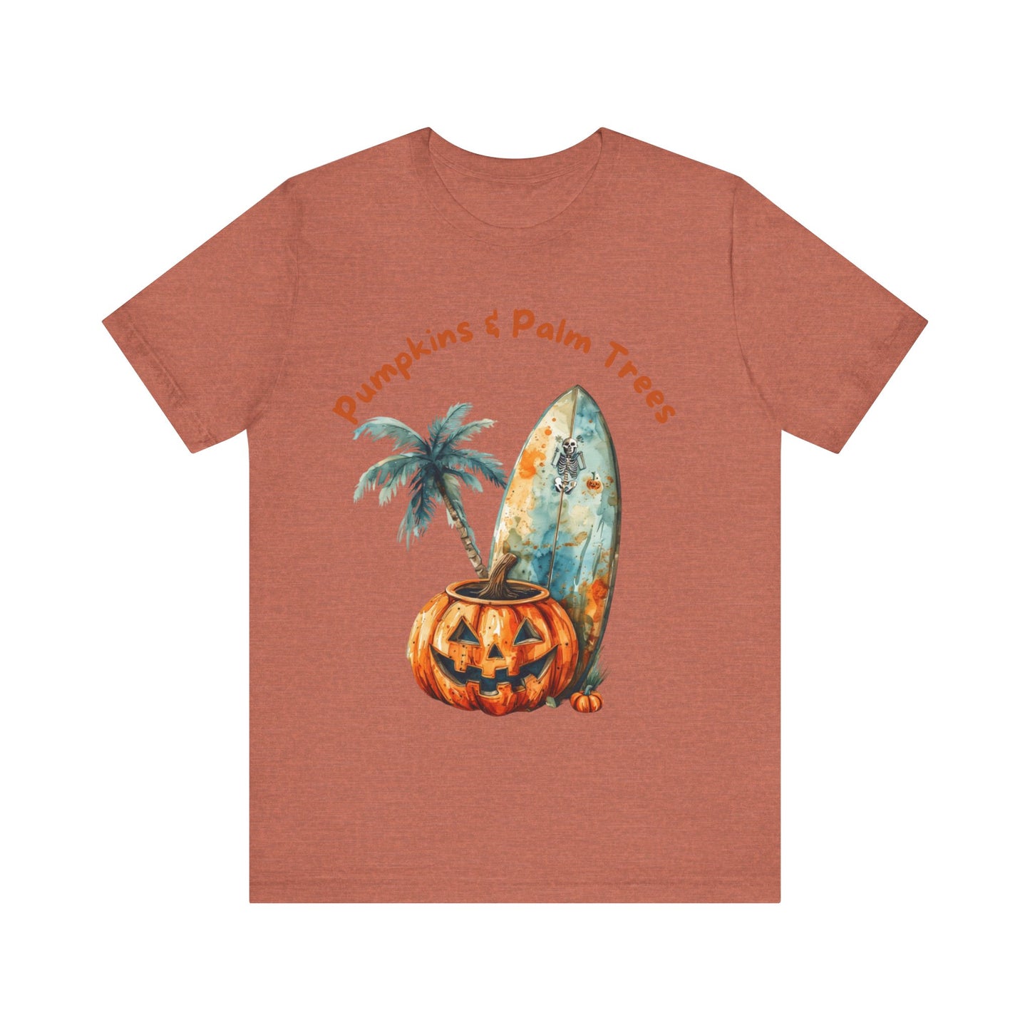 Pumpkins & Palm Trees Tee - Fun Fall Beach Vibes, Unisex Short Sleeve T-Shirt for Halloween, Summer Celebrations, Beach Life
