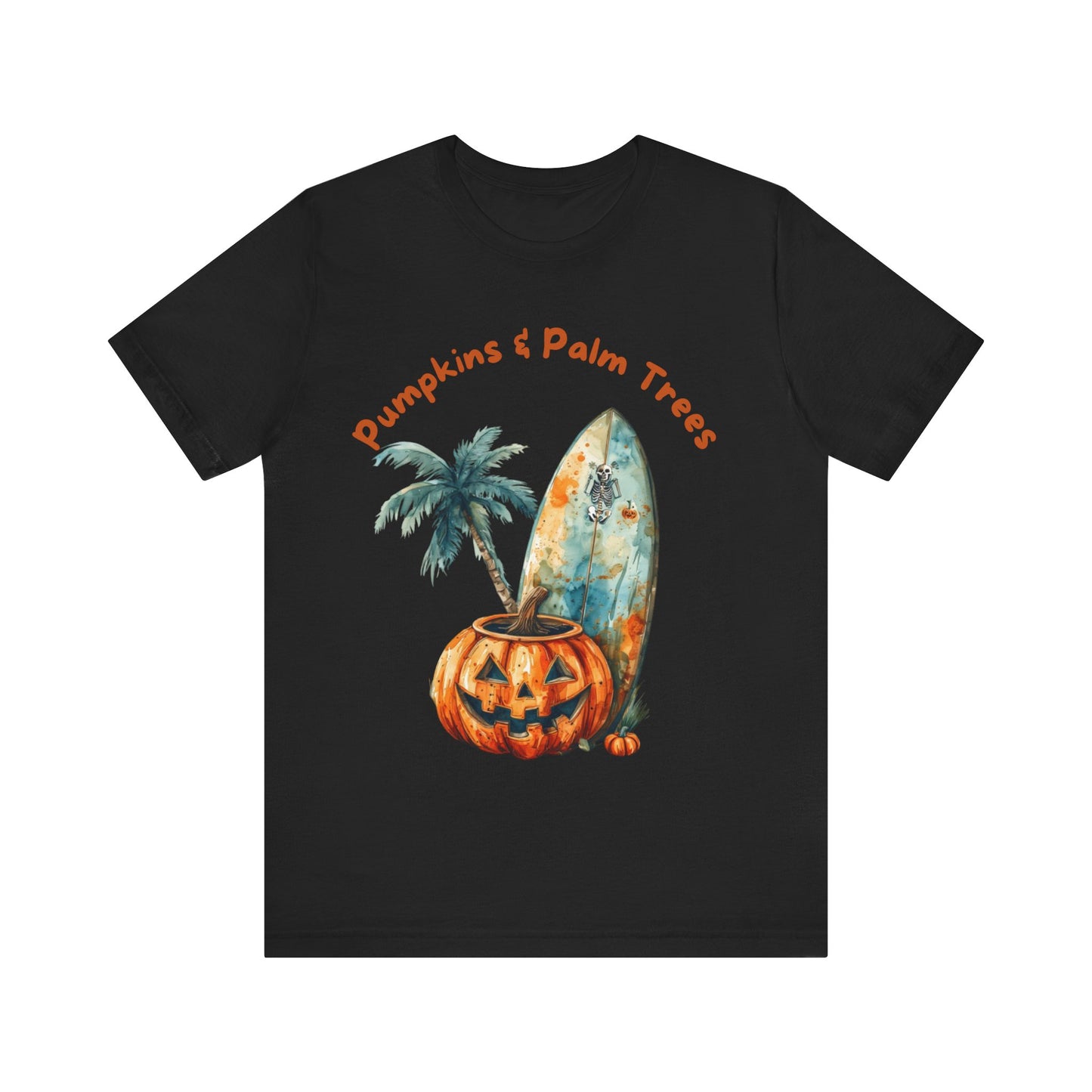 Pumpkins & Palm Trees Tee - Fun Fall Beach Vibes, Unisex Short Sleeve T-Shirt for Halloween, Summer Celebrations, Beach Life