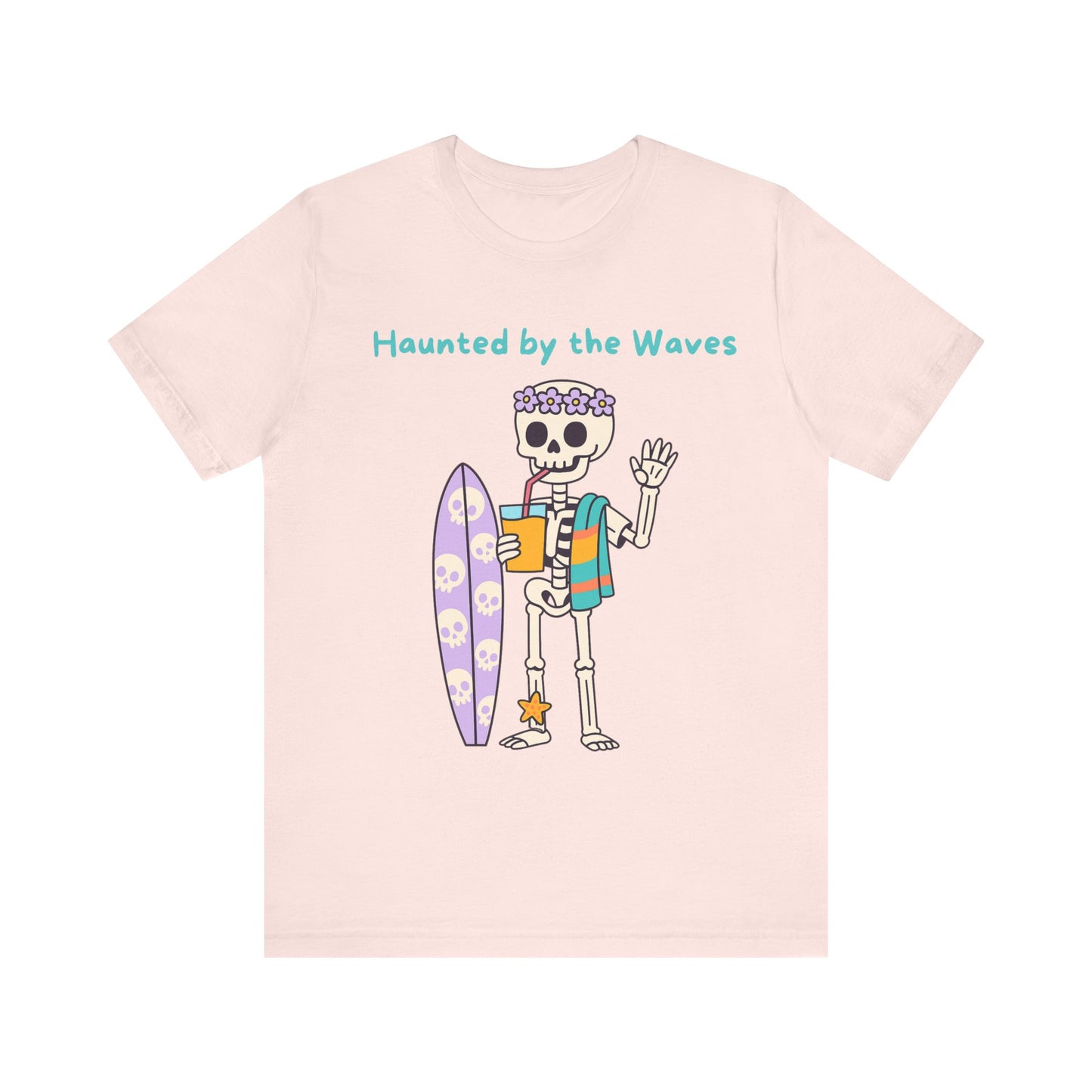 Haunted by the Waves Skeleton Tee, Beach Shirt, Surfing Top, Halloween Apparel, Unisex T-Shirt, Fun Summer Fashion