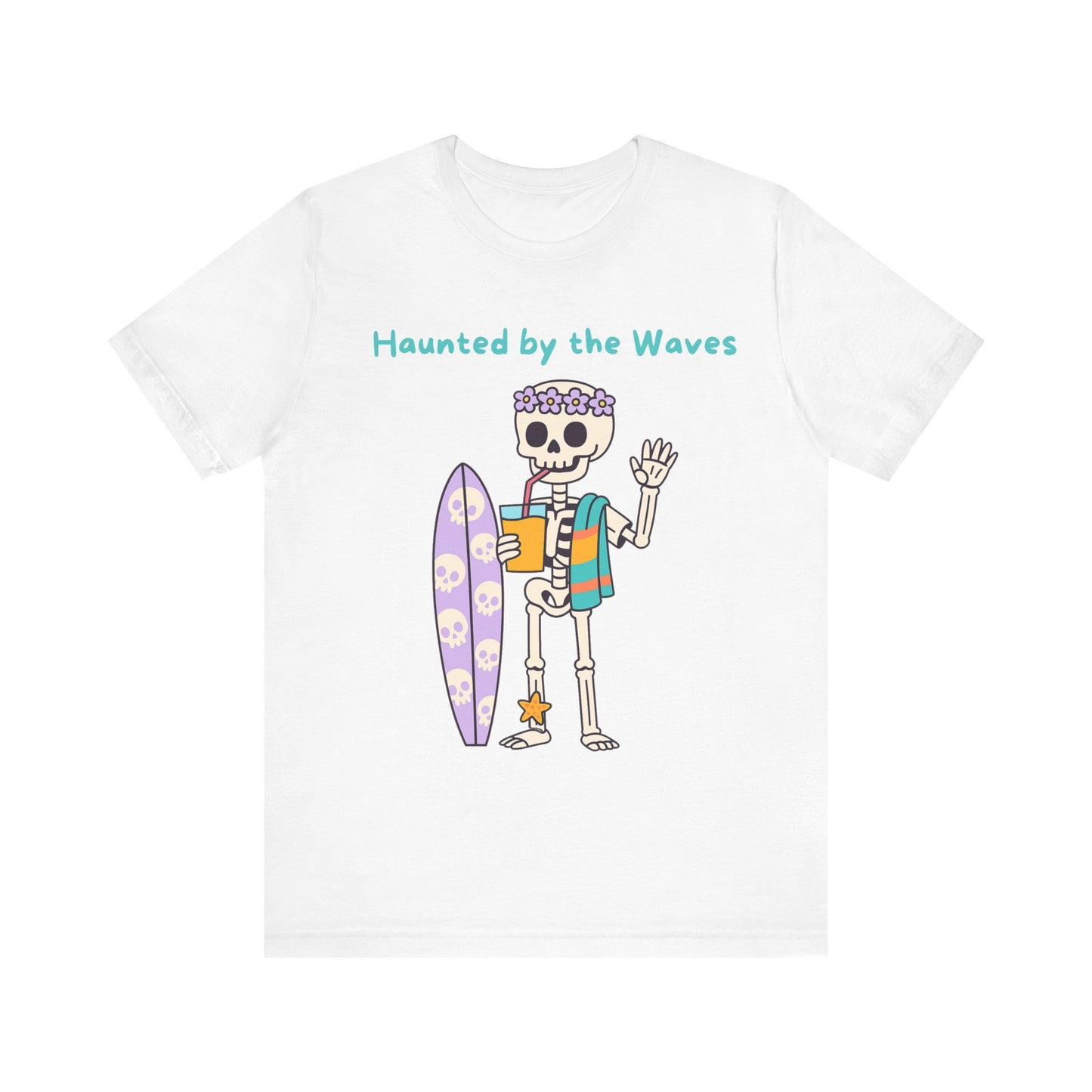 Haunted by the Waves Skeleton Tee, Beach Shirt, Surfing Top, Halloween Apparel, Unisex T-Shirt, Fun Summer Fashion