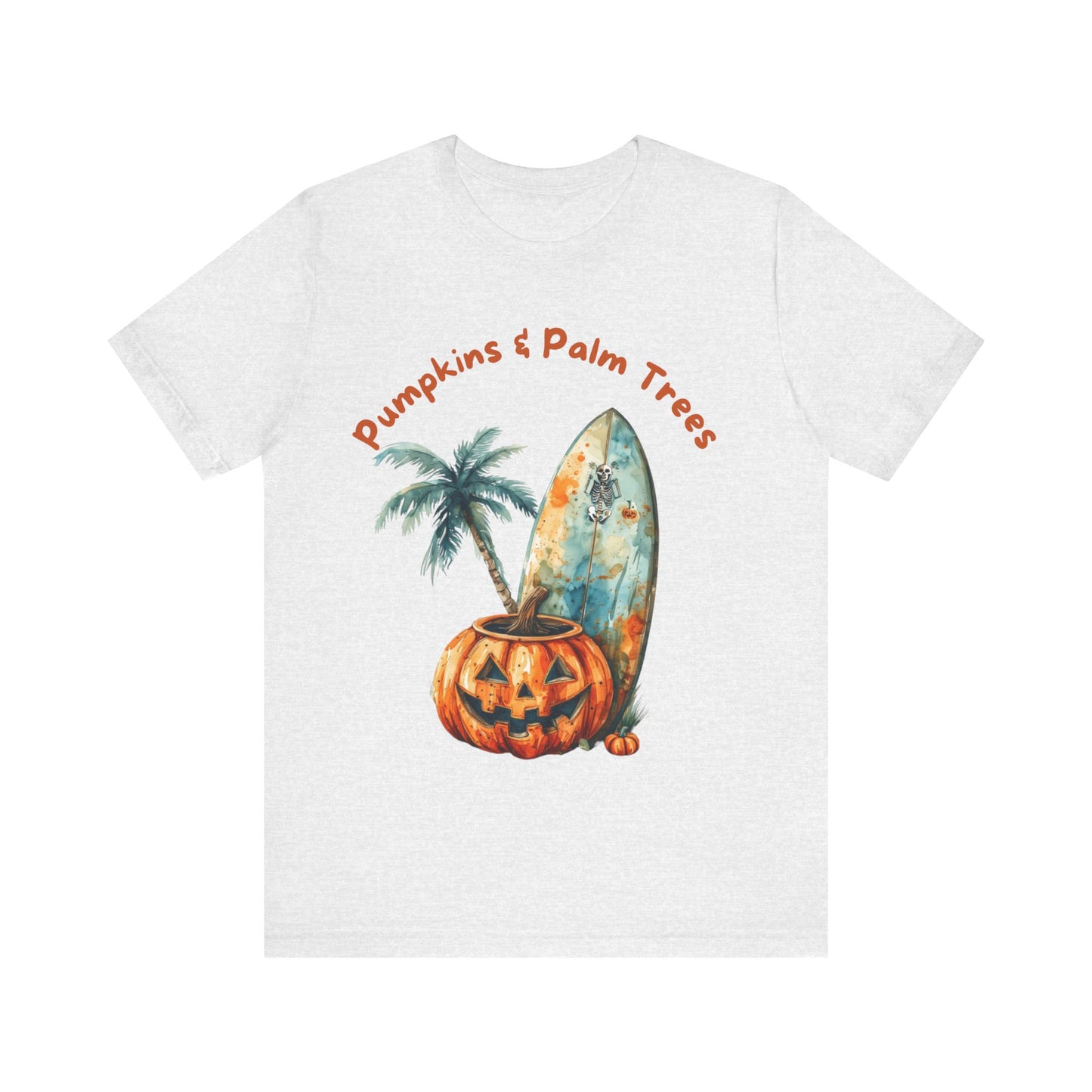 Pumpkins & Palm Trees Tee - Fun Fall Beach Vibes, Unisex Short Sleeve T-Shirt for Halloween, Summer Celebrations, Beach Life