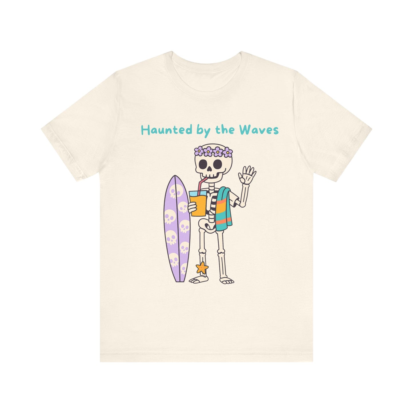 Haunted by the Waves Skeleton Tee, Beach Shirt, Surfing Top, Halloween Apparel, Unisex T-Shirt, Fun Summer Fashion