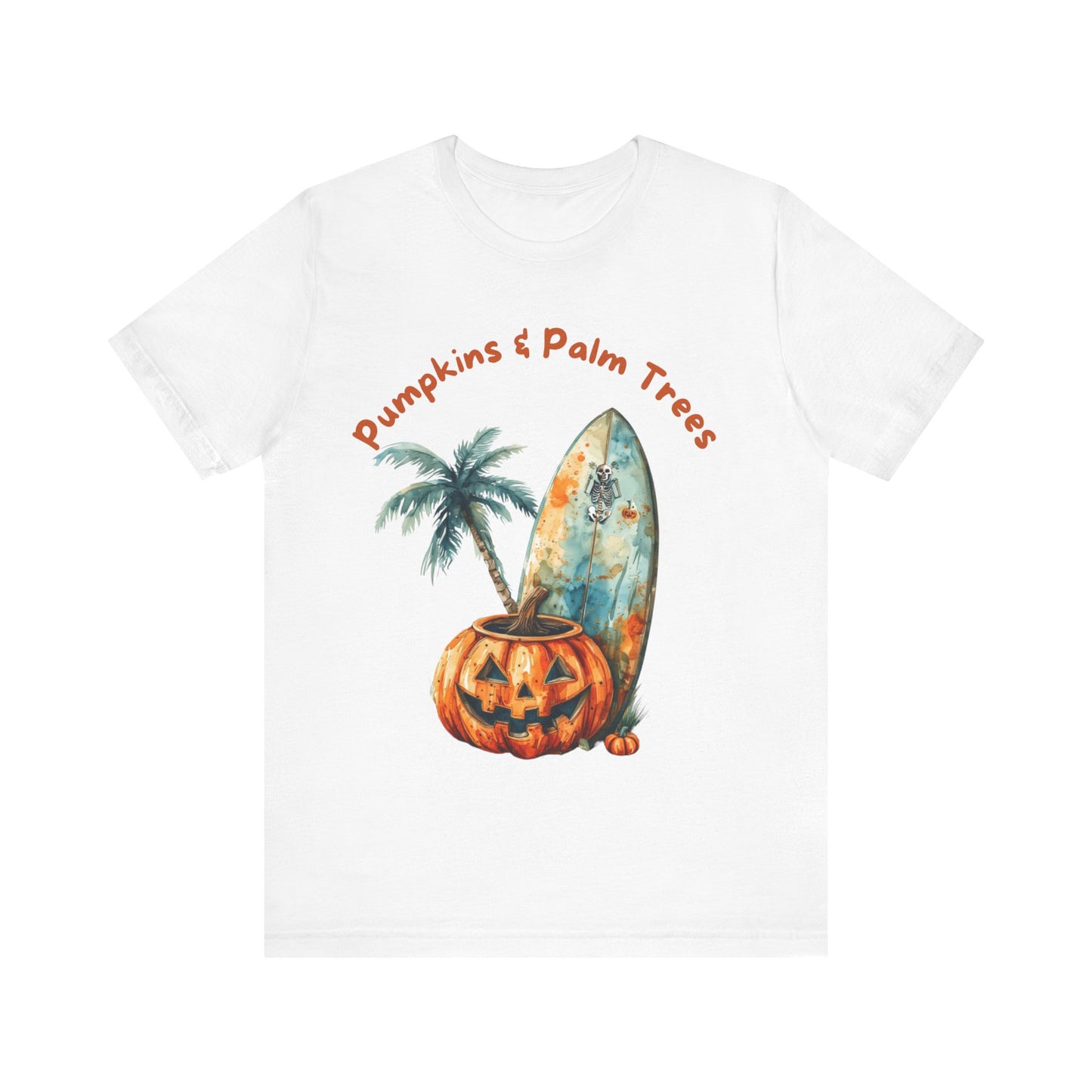 Pumpkins & Palm Trees Tee - Fun Fall Beach Vibes, Unisex Short Sleeve T-Shirt for Halloween, Summer Celebrations, Beach Life